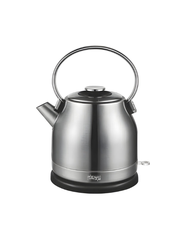 DSP electric stainless steel kettle with 1.7-liter capacity and 2200W power, featuring ergonomic handle and spout design